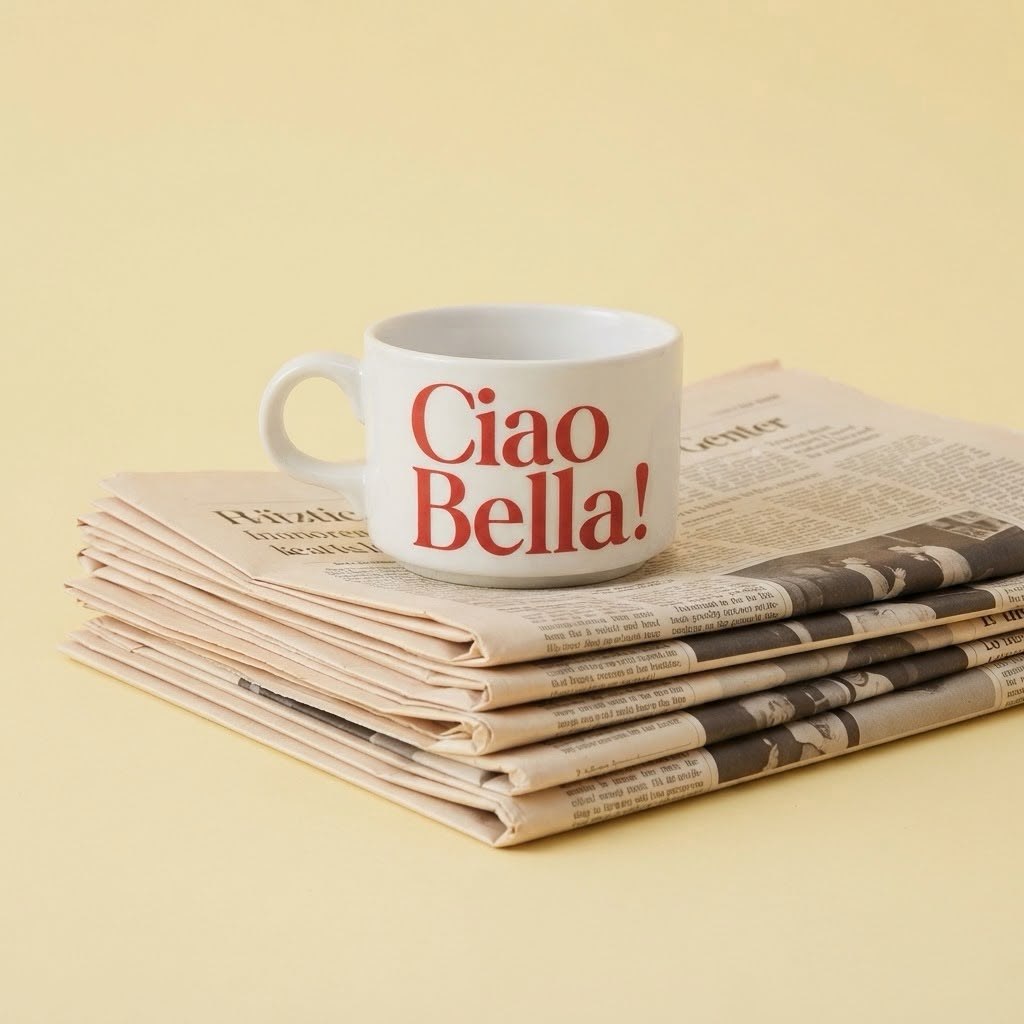 Bela šoljica sa crvenim natpisom Ciao Bella